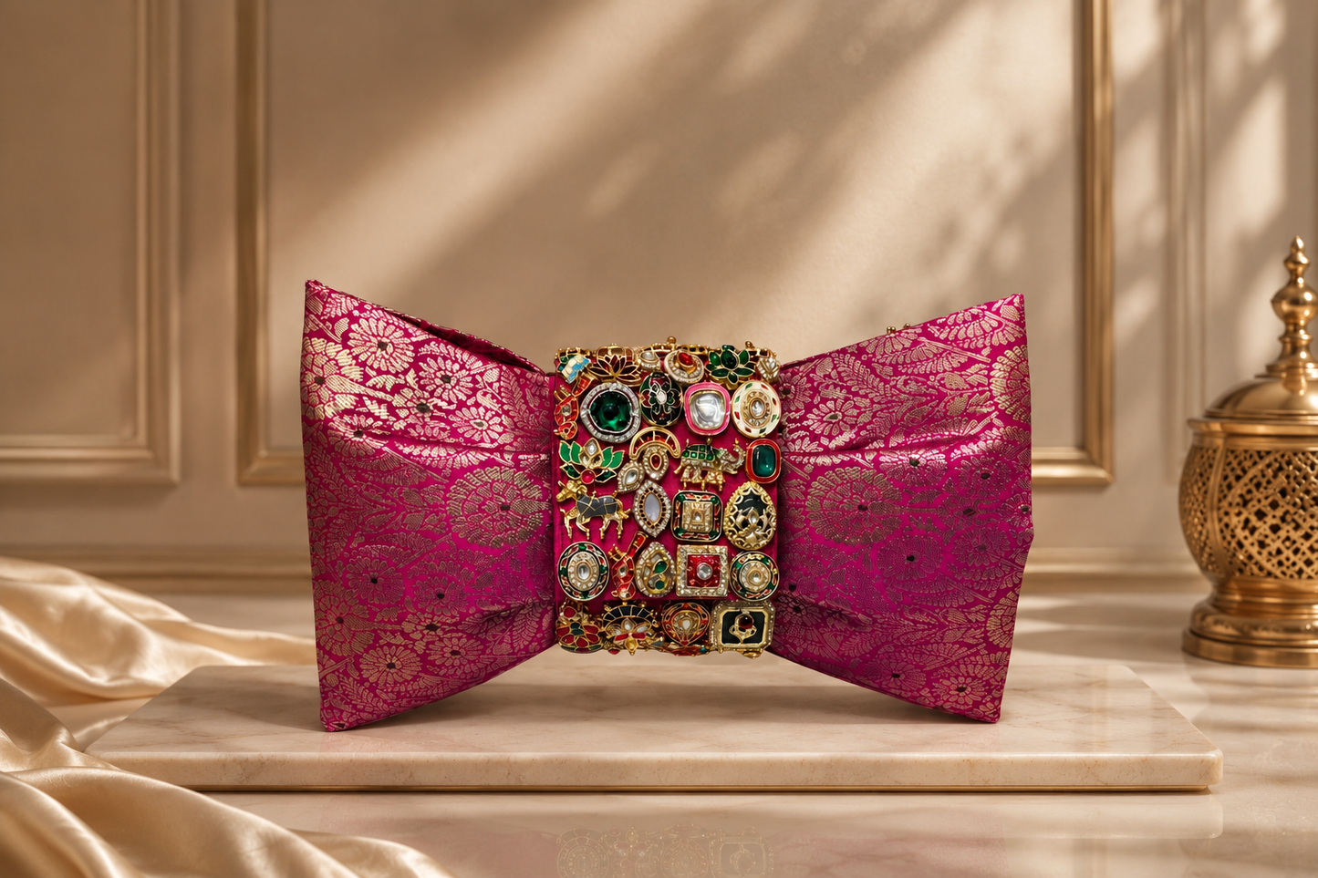 Rani Pink Brocade Bow Clutch