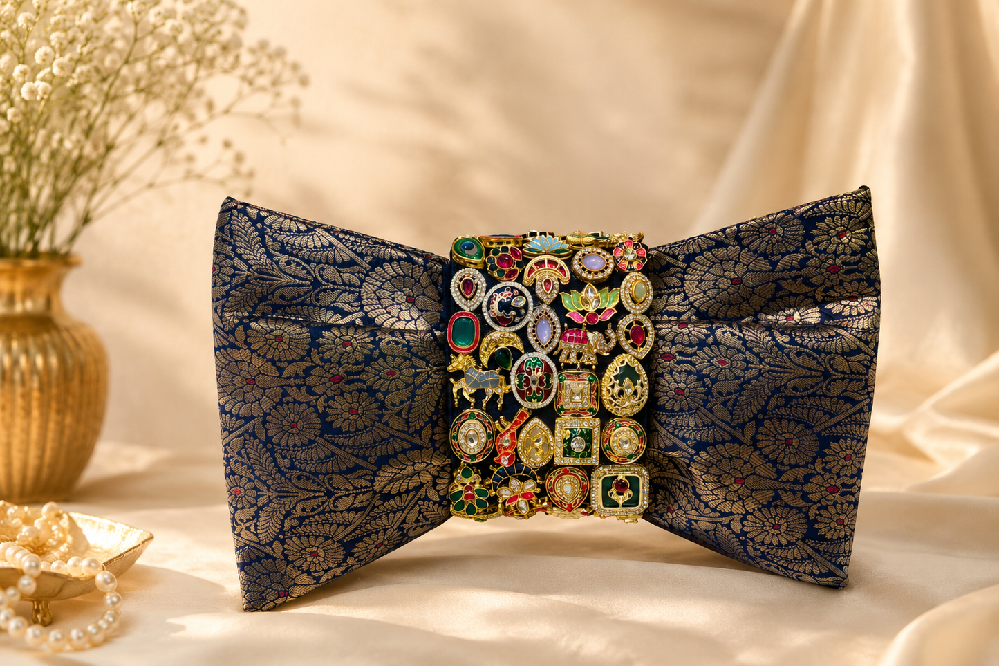 Navy Blue Brocade Bow Clutch