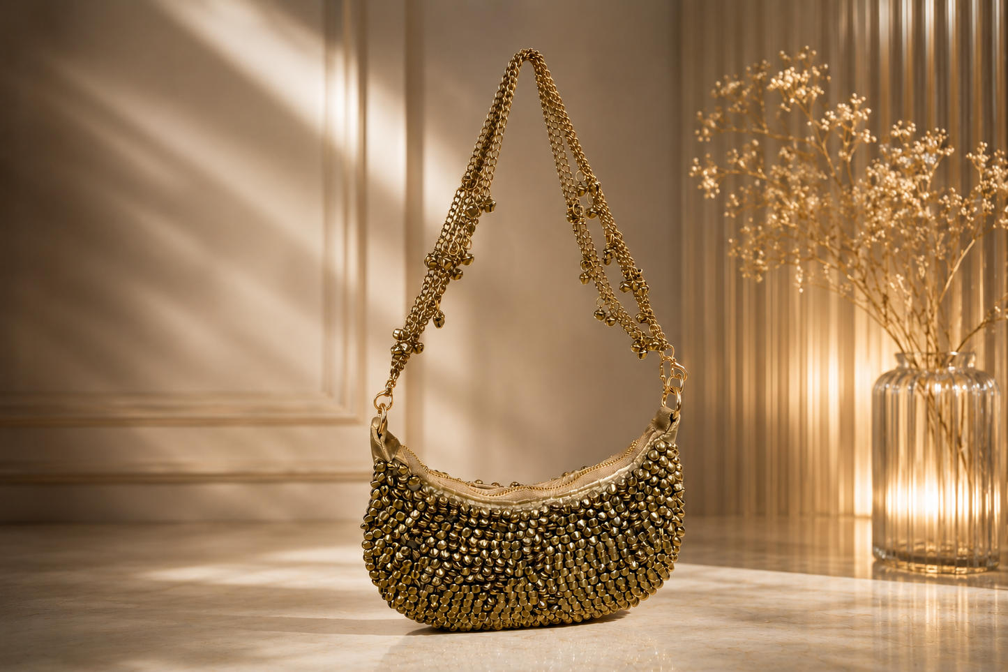 Golden Beaded Hobo Clutch